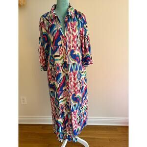 Zara Multicolor Ikat Geometric Print Maxi Shirt Dress Boho Retro Long Sleeve